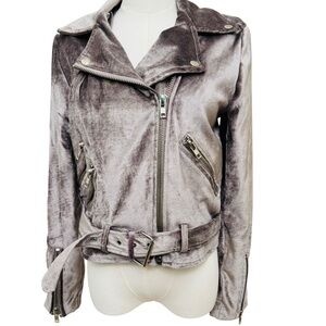 Walter Baker Silver Gray Velvet Moto Jacket Small Taupe Gray Belted Biker Zip